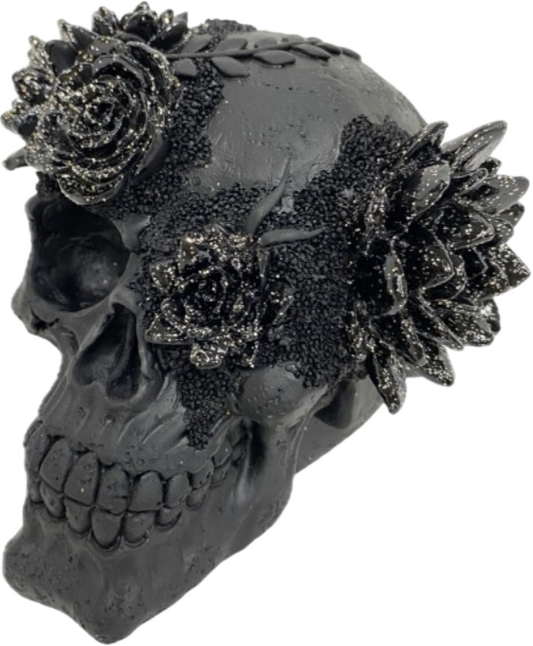 Black Skull with Gold Sparkle Flowers