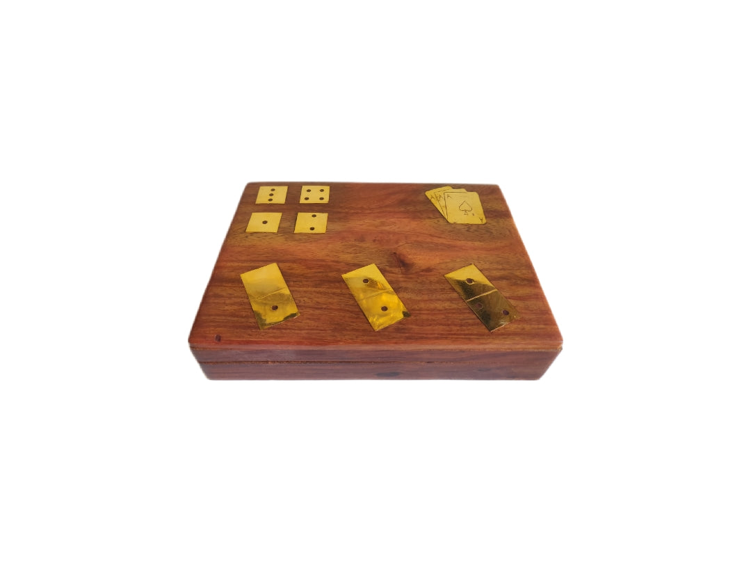 Wooden &amp; Brass Inlay Domino and Dice Game/Card Holder (cards not included)